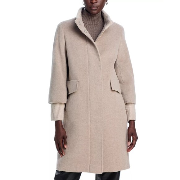 1210$ Cinzia Knit Trim 3/4 Sleeves Winter Rocca Overcoat Women's Size 14 Beige - Picture 1 of 5